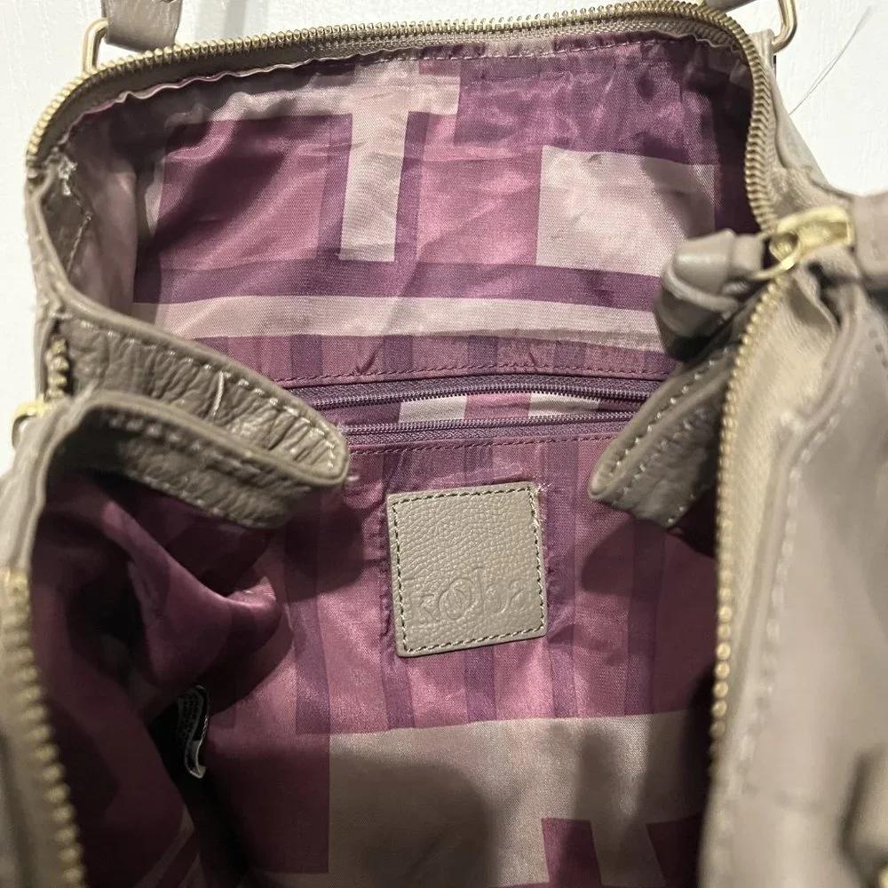 KOOBA Large Taupe Leather Purse-2 Straps-Soft-Gold-Purple Lining-Expands-Hobo